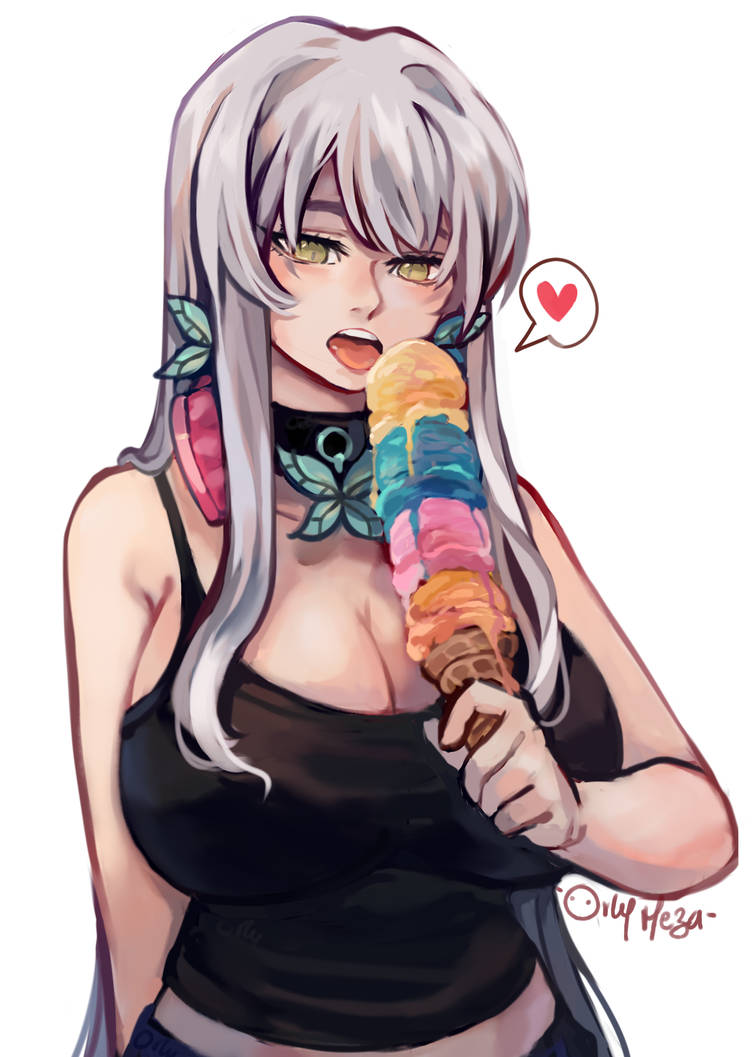 Jennifer licks a quadruple-scoop ice cream cone--from top to bottom, yellow, teal, pink, orange.  All four of them are melting, dripping down the column but not quite making it to her hand.  She's dressed casually, wearing a black tank top and jeans alongside her usual butterfly choker and earrings, as well as pink headphones around her neck.